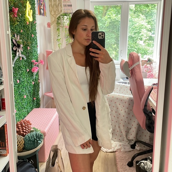 Zara White Linen Blend Shoulder Pad Blazer (US Size Small) - Picture 6 of 6